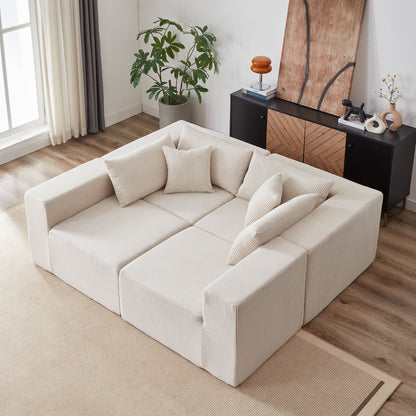 Corduroy Modular L Shaped Sectional Sofa, Luxury Floor Couch Set, 4 Piece Free Combination - Beige