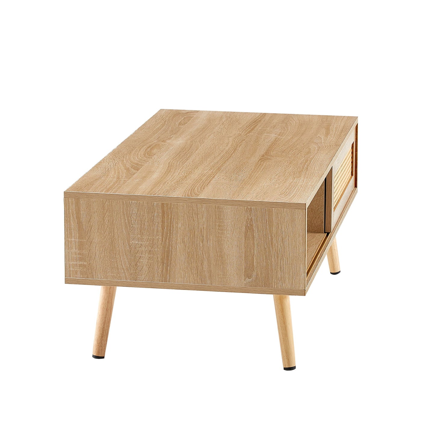 41.34" Rattan Coffee Table, Sliding Door For Storage, Solid Wood Legs, Modern Table For Living Room - Natural