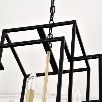 8 Light Metal Lantern Tiered Pendant Hanging Light Fixtures, Industrial Farmhouse Adjustable Height Chandeliers For Dining Room Hallway Foyer Entryway (E12 Bulbs Not Included) - Matte Black / Gold