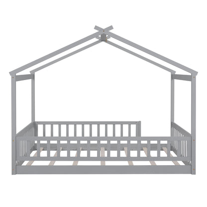 Full Size Bed House Bed Frame With Fence - Gray