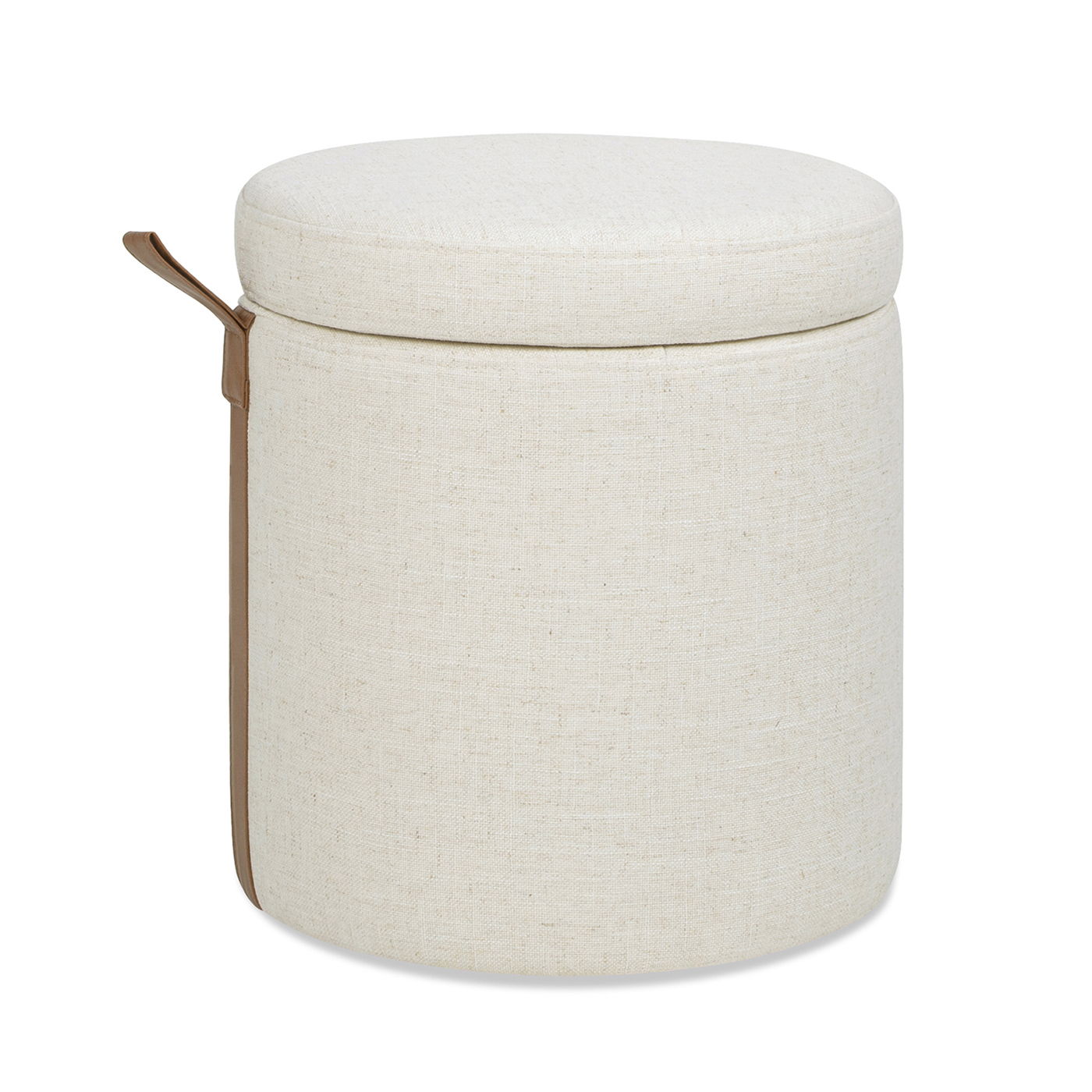 Brandy - Round Upholstered Storage Ottoman With Leather Accent - Flax White