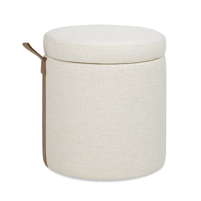 Brandy - Round Upholstered Storage Ottoman With Leather Accent - Flax White