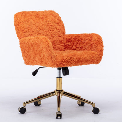 Office Chair, Artificial Rabbit Hair Home Office Chair With Golden Metal Base, Adjustable Desk Chair Swivel Office Chair, Vanity Chair - Orange