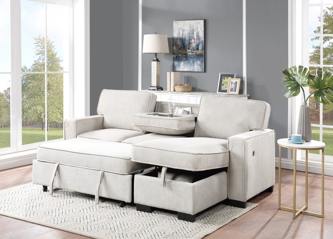 Estelle - Fabric Reversible Sleeper Sectional With Storage Chaise Drop-Down Table 2 Cup Holders And 2 USB Ports - Beige