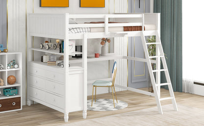 Full Size Loft Bed With Drawers And Desk With Shelves - White