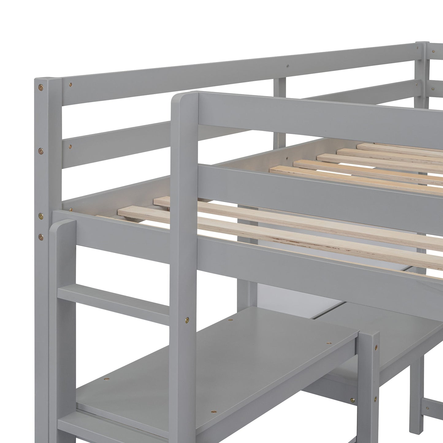 Twin Size Loft Bed With Shelves, Desk And Writing Board - Gray
