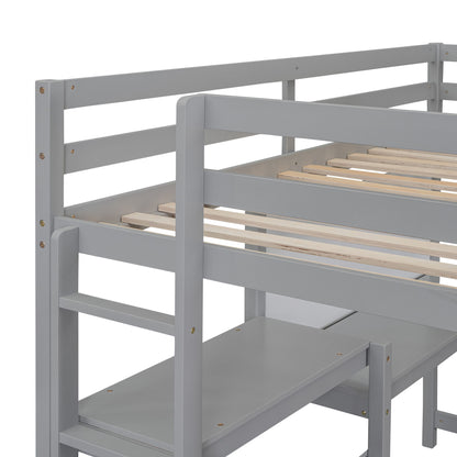 Twin Size Loft Bed With Shelves, Desk And Writing Board - Gray