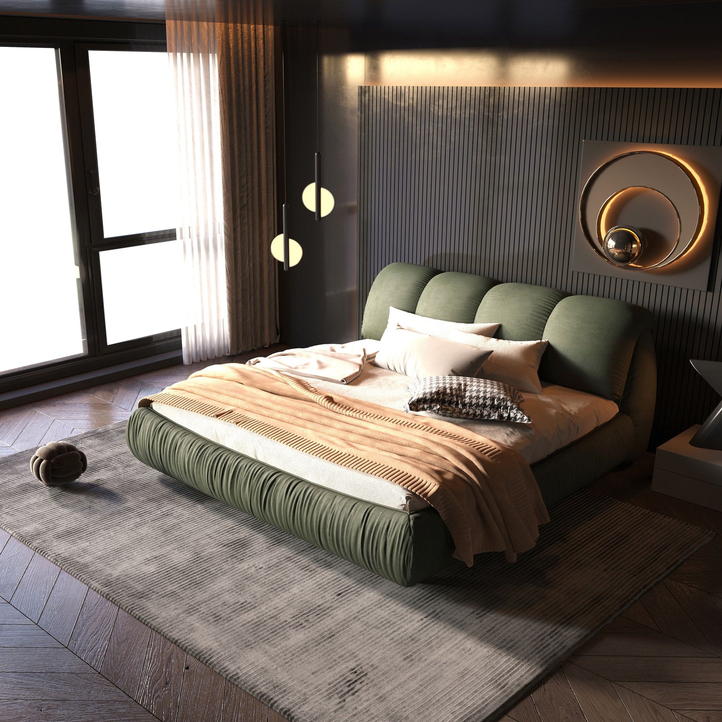 Queen Size Luxury Upholstered Platform Bed With Oversized Padded Backrest And Solid Wood Frame, Suitable For Multiple Heights Of Mattresses - Green