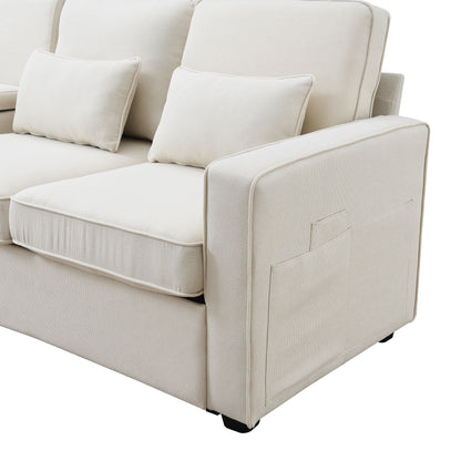 Upholstered Sofa With Console, 2 Cupholders And 2 USB Ports Wired Or Wirelessly Charged, Modern Linen Fabric Couches With 4 Pillows (4 Seat) - Beige