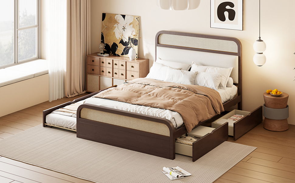 Queen Size Platform Bed With Trundle And 2 Drawers - Espresso