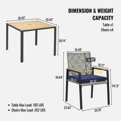 All Weather 5 Piece Patio Dining Table Sets With Acacia Wood Top And Umbrella Hole, Rattan Outdoor - Light Gray