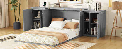 Full Size Murphy Bed With Shelves, Cabinets And USB Ports - Gray