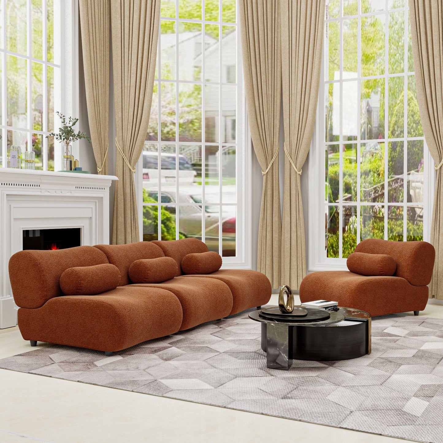 Modern L - Shaped Modular Sofa Set High Comfort Chenille Fabric, Freely Arrangeable For Living Room - Orange