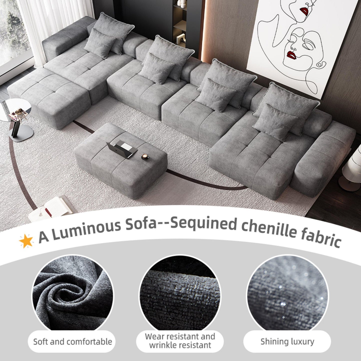 Modern Oversized Modular Sectional Sofa, Sparkling Chenille Fabric Soft Cushion Sofa With 8 Pillows, 8 Pieces Diy Combination Tufted Sofa, No Assembly Required - Gray