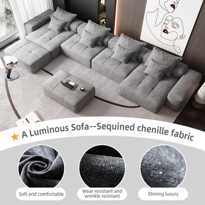 Modern Oversized Modular Sectional Sofa, Sparkling Chenille Fabric Soft Cushion Sofa With 8 Pillows, 8 Pieces Diy Combination Tufted Sofa, No Assembly Required - Gray
