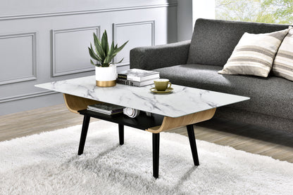 Landon - Coffee Table With Glass Marble Texture Top And Bent Wood Design - White