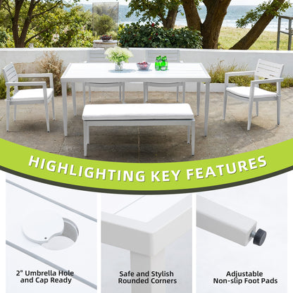 6 Piece Dining Set Modern Outdoor Patio Furniture, 4 Dining Chairs & 1 Dining Bench Sunbrella Fabric And 2 Tone Rectangle Table With Umbrella Hole - Matte White / Grayish