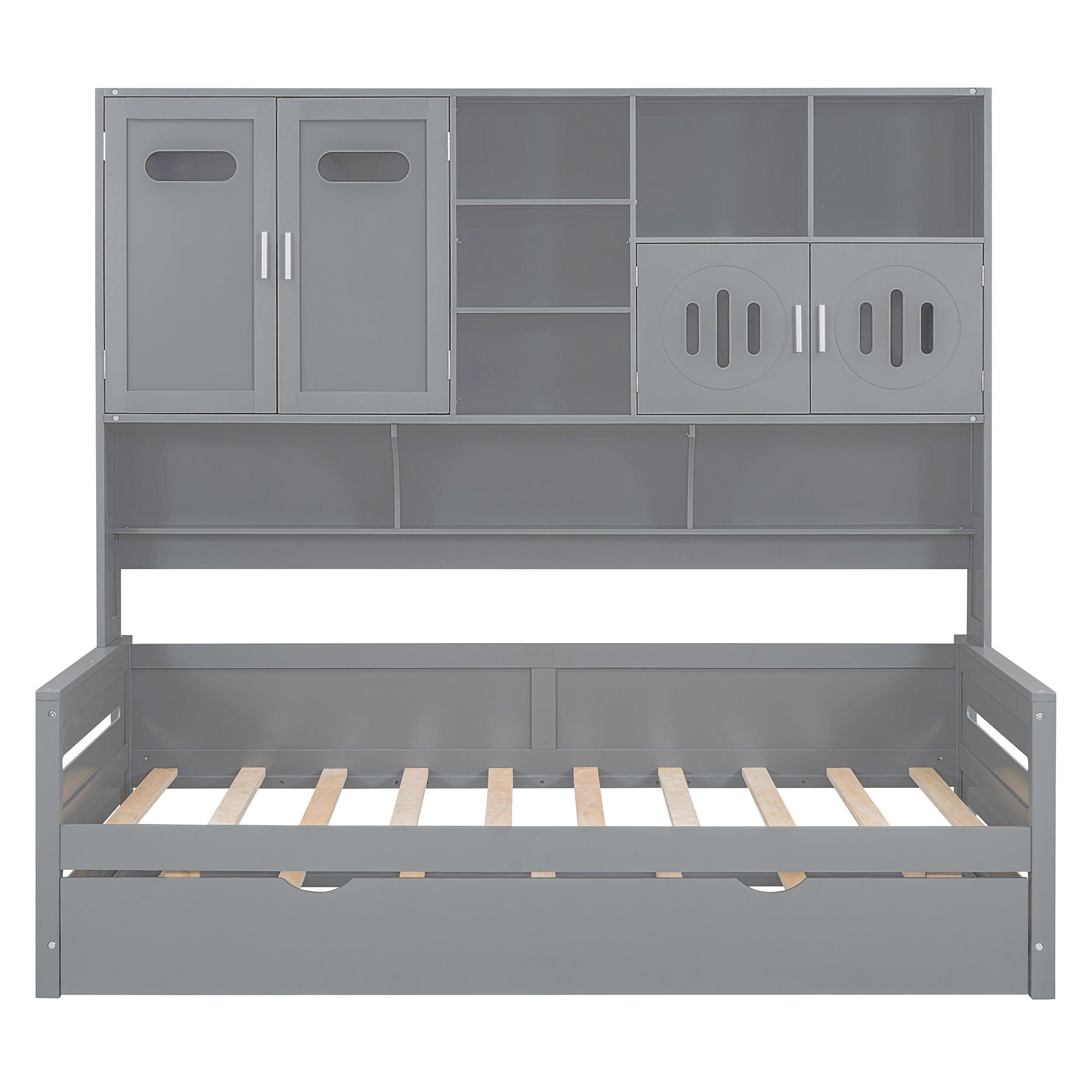 Twin Size Daybed With Twin Size Trundle, And All In One Cabinet And Shelf - Gray