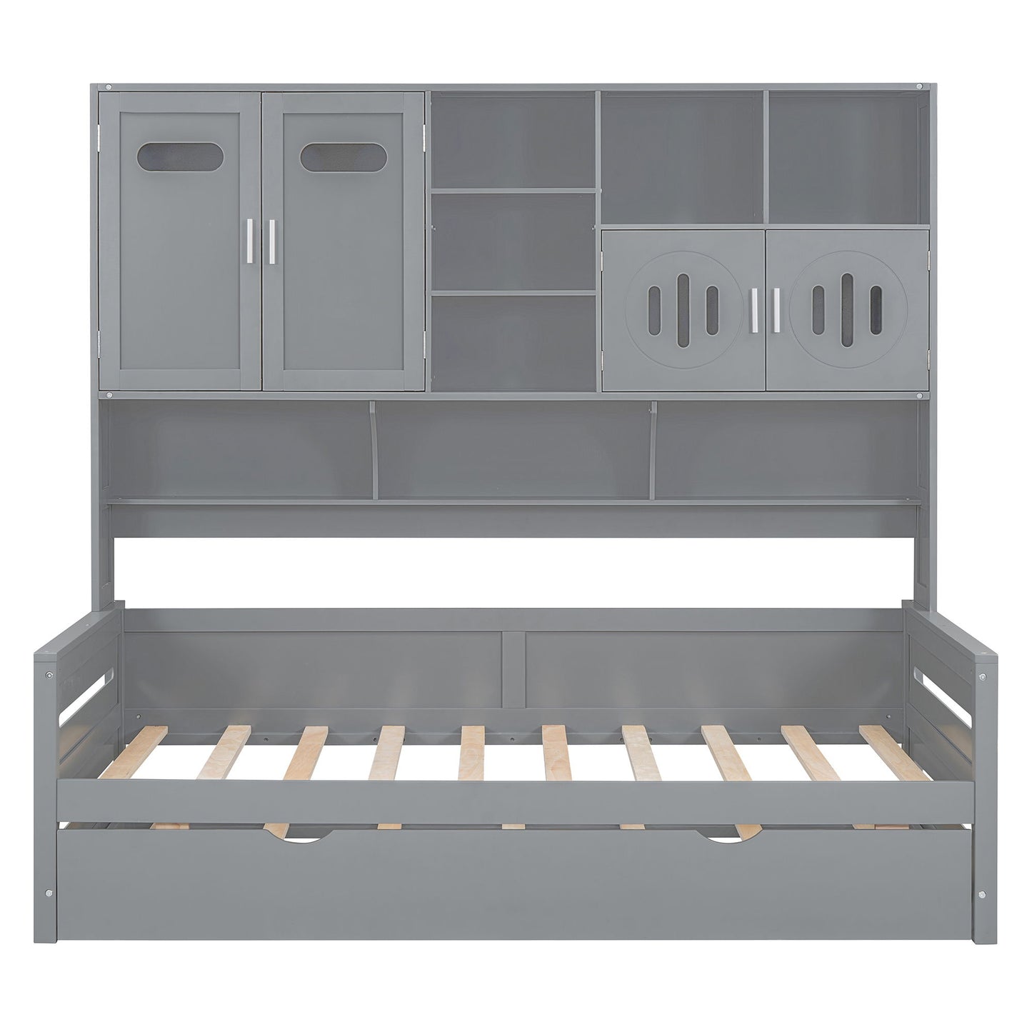 Twin Size Daybed With Twin Size Trundle, And All In One Cabinet And Shelf - Gray