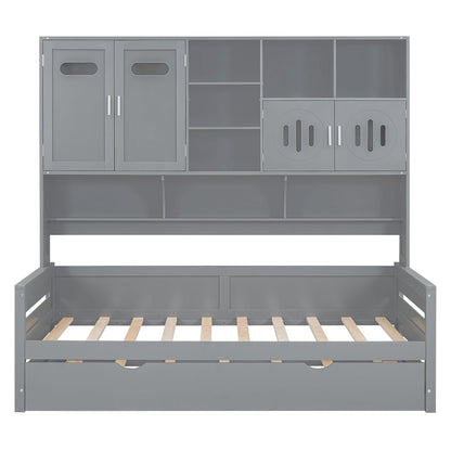 Twin Size Daybed With Twin Size Trundle, And All In One Cabinet And Shelf - Gray