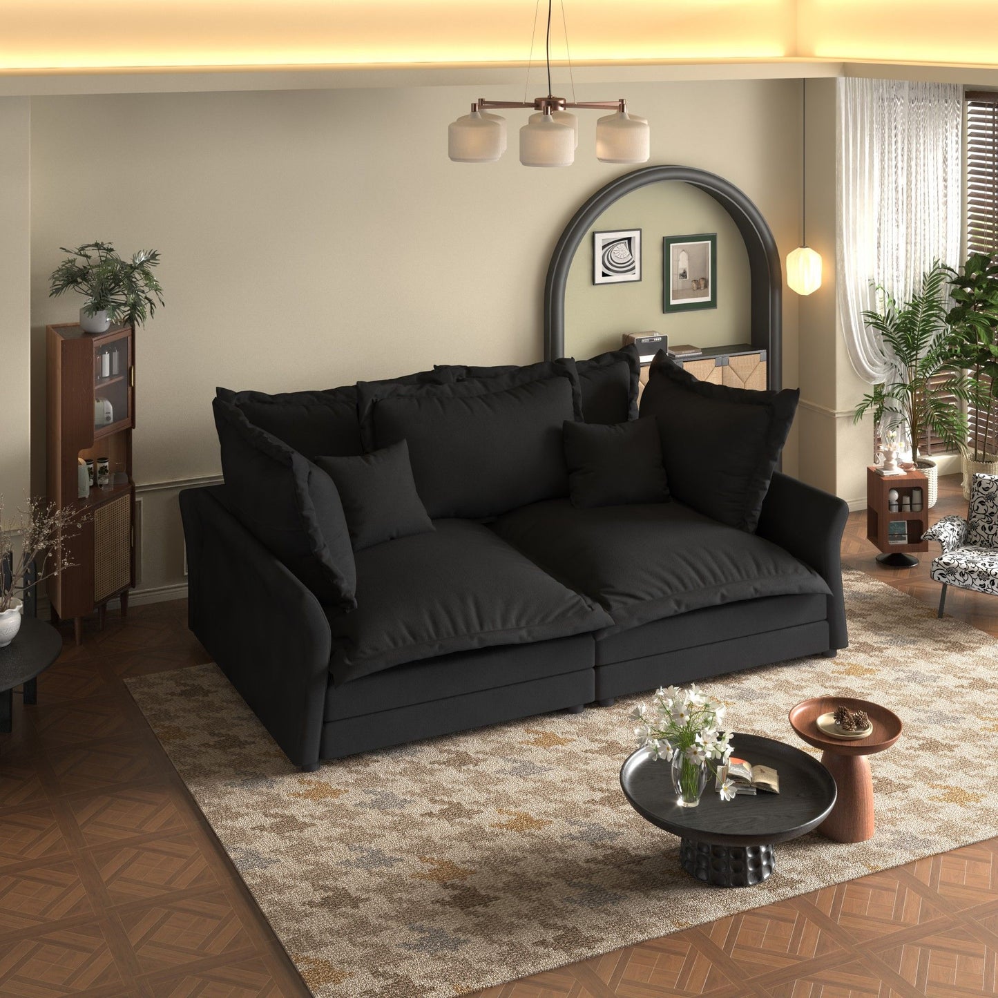 Modern Comfy Upholstered Sofa Cloud Couch, Deep Seat Couches With Multiple Large Soft Pillows, Convertible Deep Seat Chaise Longue For Living Room - Black