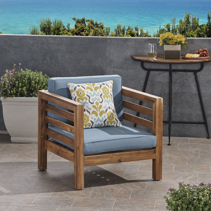Outdoor Club Chair, Acacia Wood Patio Chair With Fabric Cushion For Backyard, Poolside, Garden Or Porch - Pecan / Blue