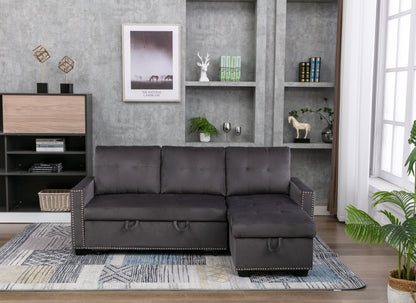 Reversible Sectional Storage Sleeper Sofa Bed, L-Shape 2 Seat Sectional Chaise With Storage, Skin-Feeling Velvet Fabric - Dark Gray