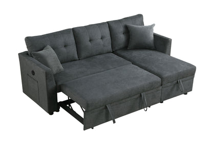 Sectional Sofa Bed L Shaped Sofa Couch Bed With USB Port, Reversible Sofa Couch Sleeper With Pull Out Bed, Chaise With Storage, Pull Out Couch For Living Room - Gray