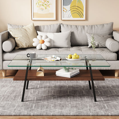Rectangle Coffee Table, Tempered Glass Tabletop With Metal Legs, Modern Table For Living Room, Transparent Glass - Dark Brown