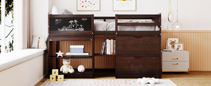 Twin Size Low Loft Bed With Rolling Desk, Shelf And Drawers - Espresso