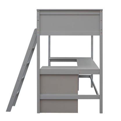 Twin Size Loft Bed With Shelves With Desk - Gray