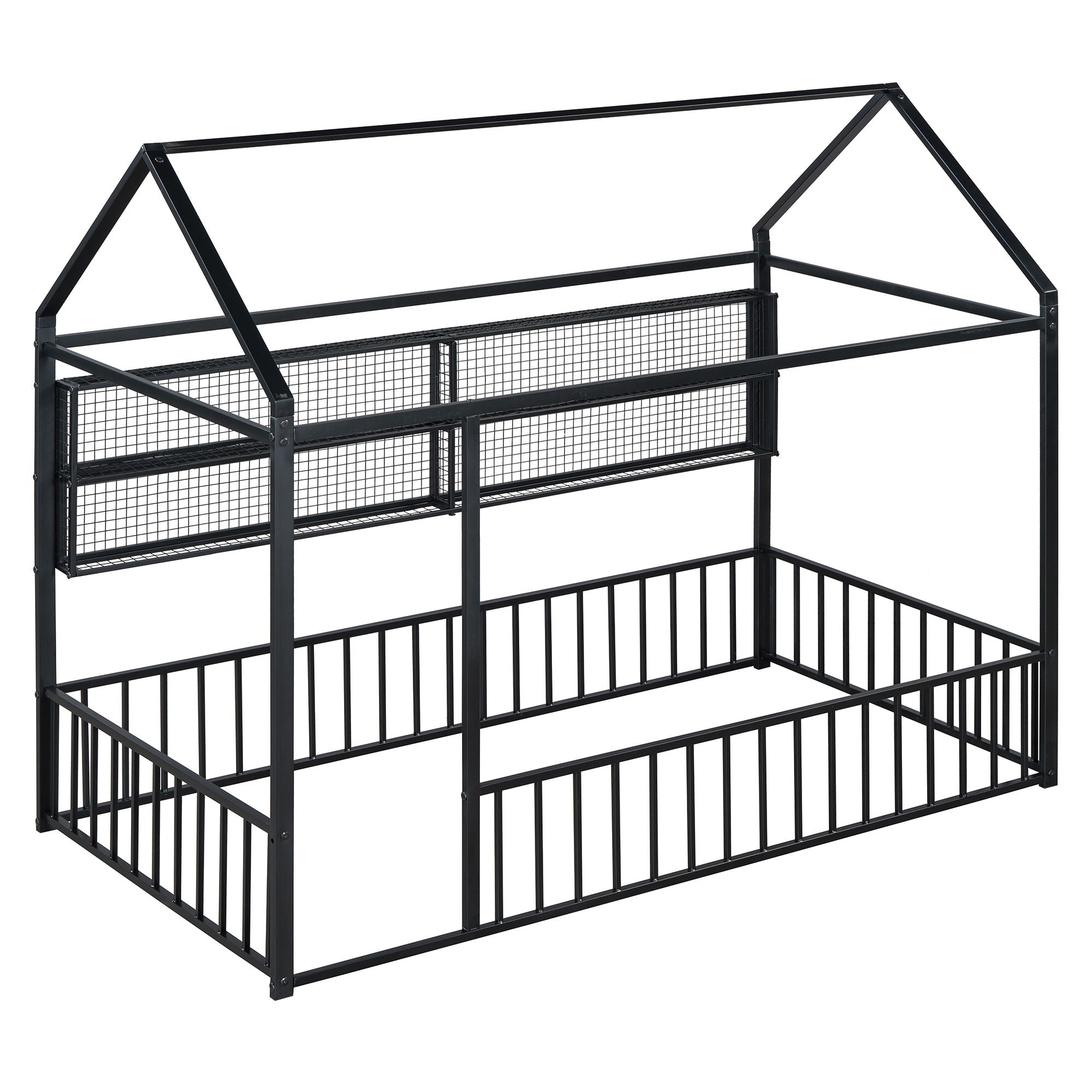 Twin Size Bed House Frame With Fence And Shelves - Black