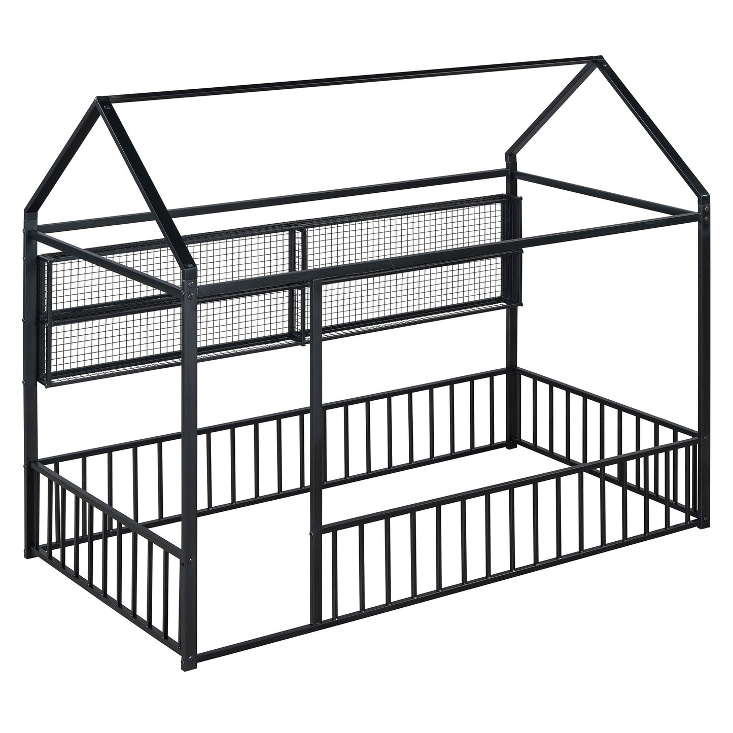 Twin Size Bed House Frame With Fence And Shelves - Black
