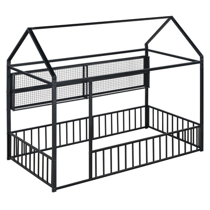 Twin Size Bed House Frame With Fence And Shelves - Black