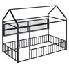 Twin Size Bed House Frame With Fence And Shelves - Black