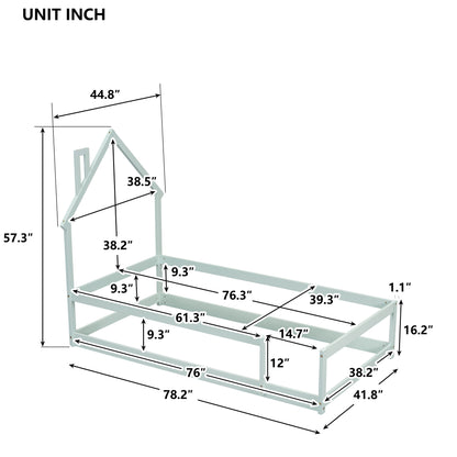 Twin Size Wood Bed With House-Shaped Headboard Floor Bed With Fences - Light Green
