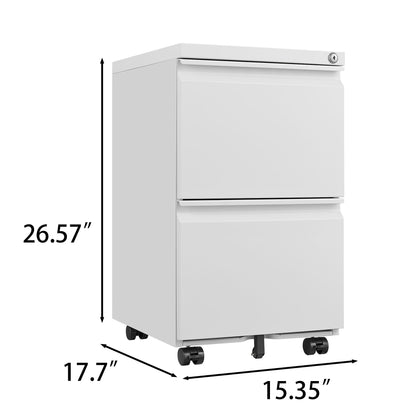 Metal 2 Drawer Mobile File Cabinet With Lock, Under Desk Office Steel Filing Cabinet, 25.6''H Legal / Letter Size Files Storage Cabinet - White