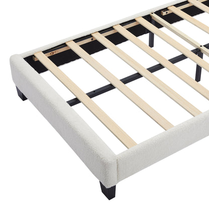 Twin Size Upholstered Flower-Shape Bed, Elegant Flowers Headboard With LED Light Strip, Sherpa Fabric Platform Bed With Slats Support - White