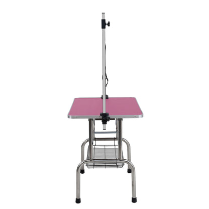 Folding Dog Pet Grooming Table Stainless Steel Frame Rubber Mat On Board, With Adjustable Arm And Clamps Pet Dog Cat Grooming Table - Pink