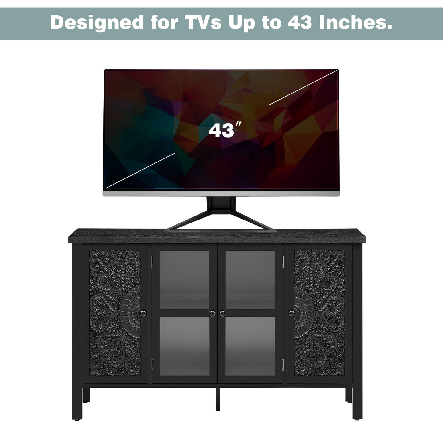 Retro TV Stand For TVs Up To 43", Entertainment Center Media Console Cabinet With 3 Spacious Cabinets, Glass Cabinet Doors And Anti-Tip Device For Living Room - Black