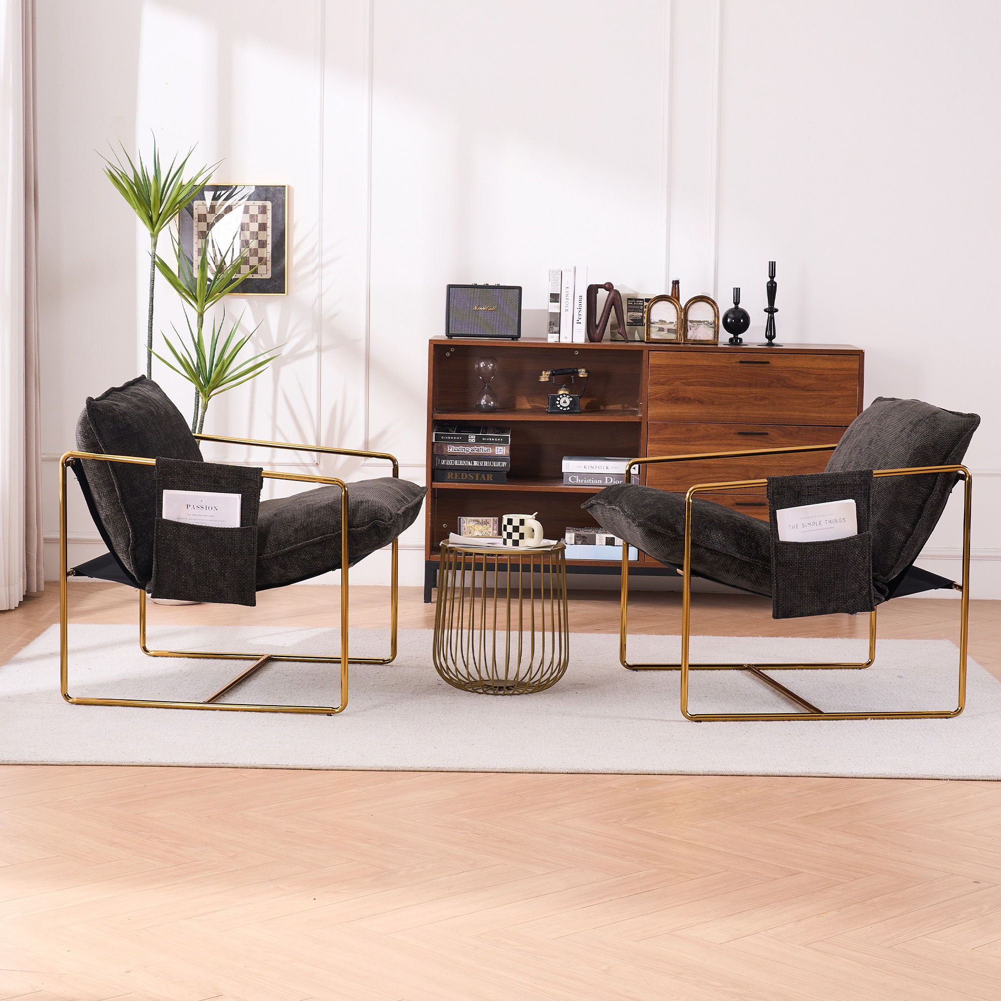 Upholstered Hanging Armchair With Arm Pocketsmetal Frame (Set of 2), Gold-Plated Craftsmanship, Crushed Foam Cushions And Skin-Friendly Woven Fabric For Living Room And Bedroom - Dark Gray