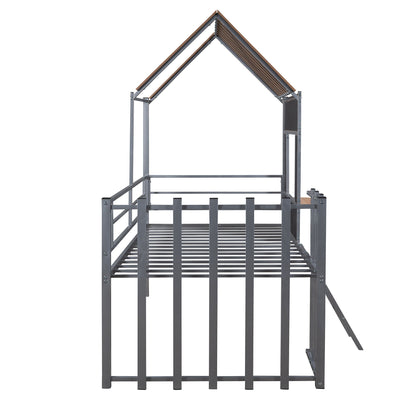 Twin Size Loft Bed With Roof, Window, Guardrail, Ladder - Silver