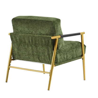 Modern Accent Chair With Plush Cushions, Minimalist Metal Frame, & Wooden Armrest Design - Gold / Green