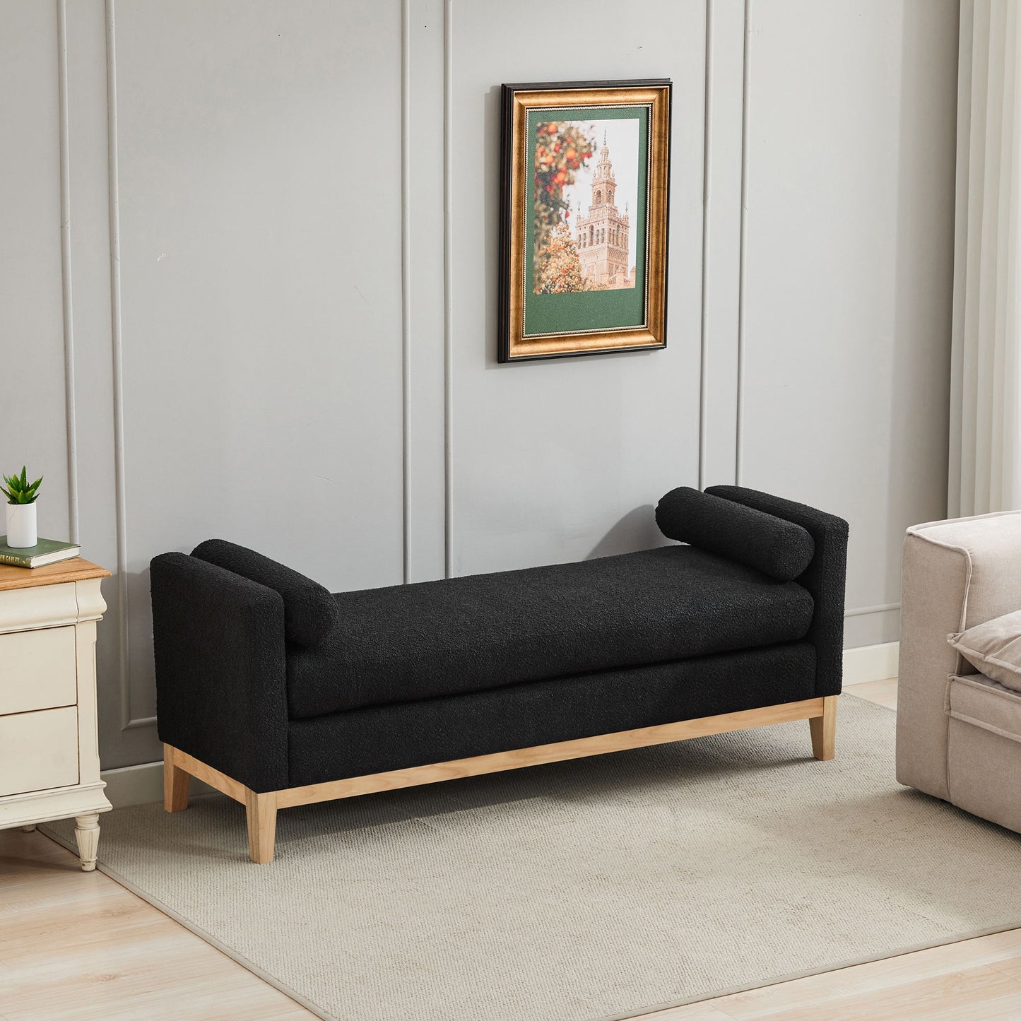 Elegant Upholstered Bench Daybed Ottoman With Nature Wood Legs & Bolster Pillows - Black Boucle