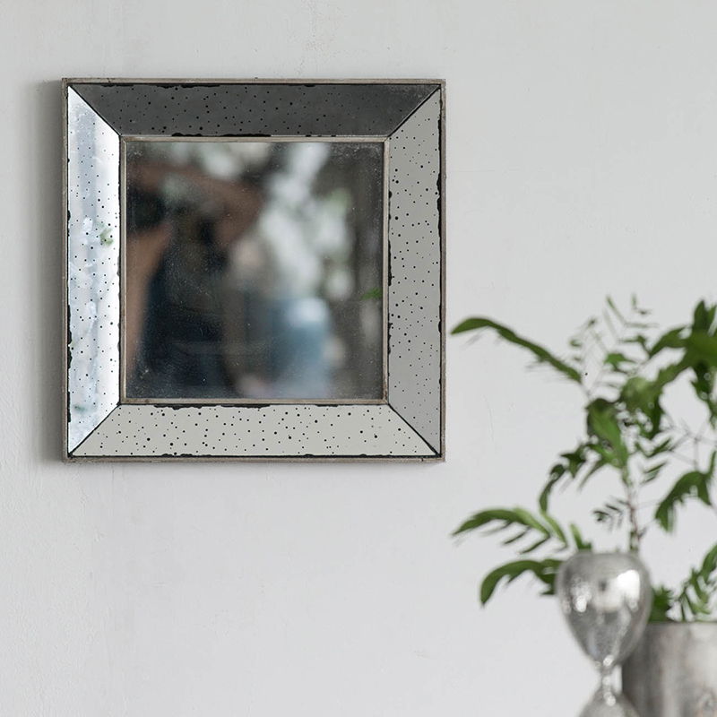 Distressed Square Accent Mirror, Traditional Style Framed Wall Mirror For Living Room, Entryway, Office, Bedroom, Hallway - Silver