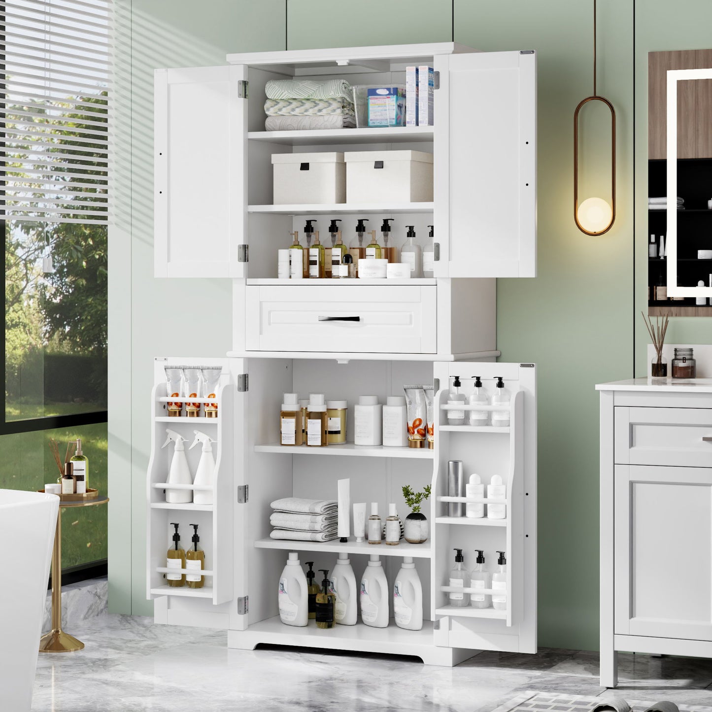 Bathroom Storage Cabinet With Multi Functional Storage Space, Drawer With Slide Rails, Adjustable Shelf - White