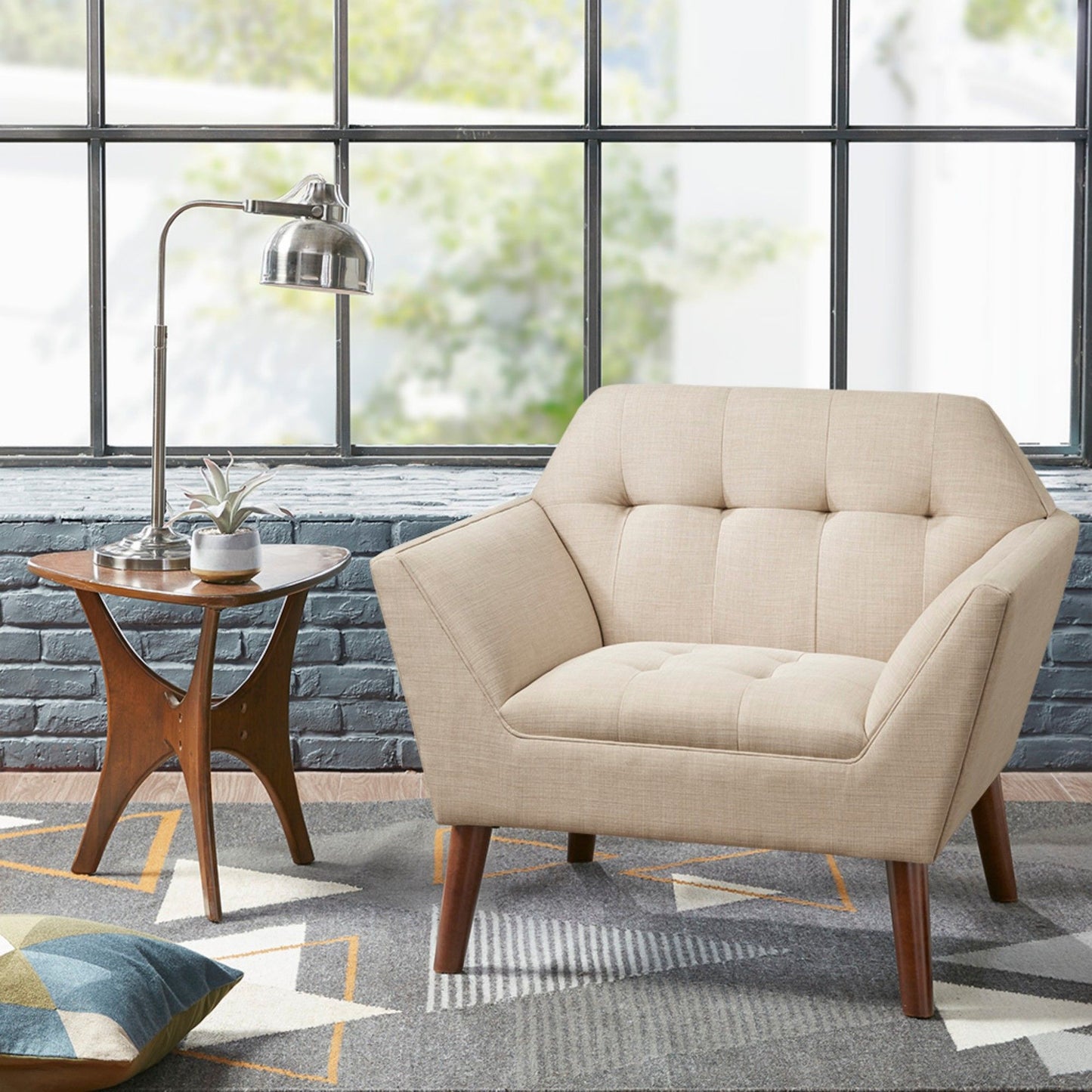 Mid - Century Lounge Chair With Button Tufting Polyester And Pecan Wood - Beige