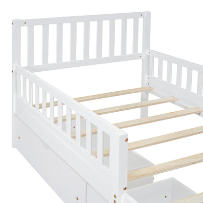 Twin Size Platform Bed With Guardrails On Both Sides And 2 Storage Drawers - White