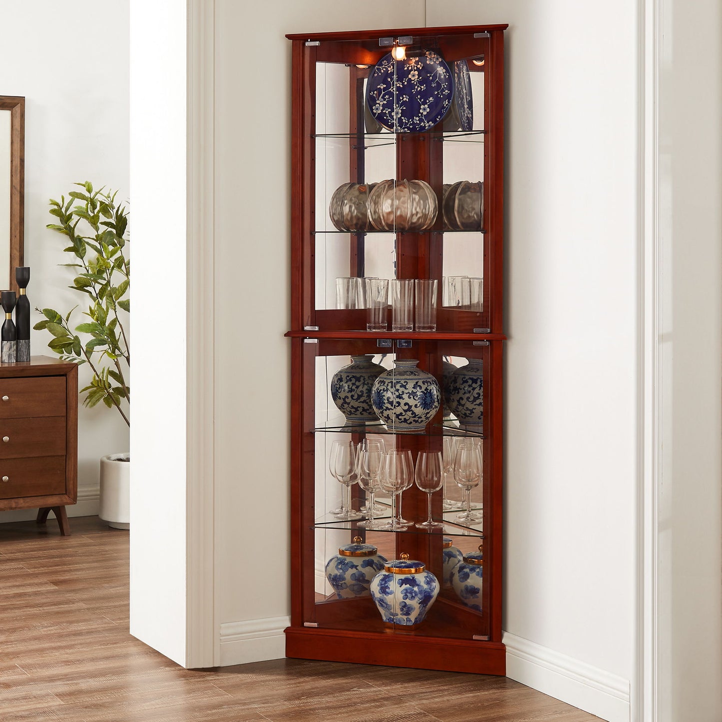 Corner Curio Dispaly Cabinet With Lights, Adjustable Tempered Glass Shelves, Mirrored Back (E26 Light Bulb Not Included) - Cherry