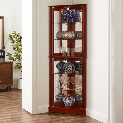 Corner Curio Dispaly Cabinet With Lights, Adjustable Tempered Glass Shelves, Mirrored Back (E26 Light Bulb Not Included) - Cherry